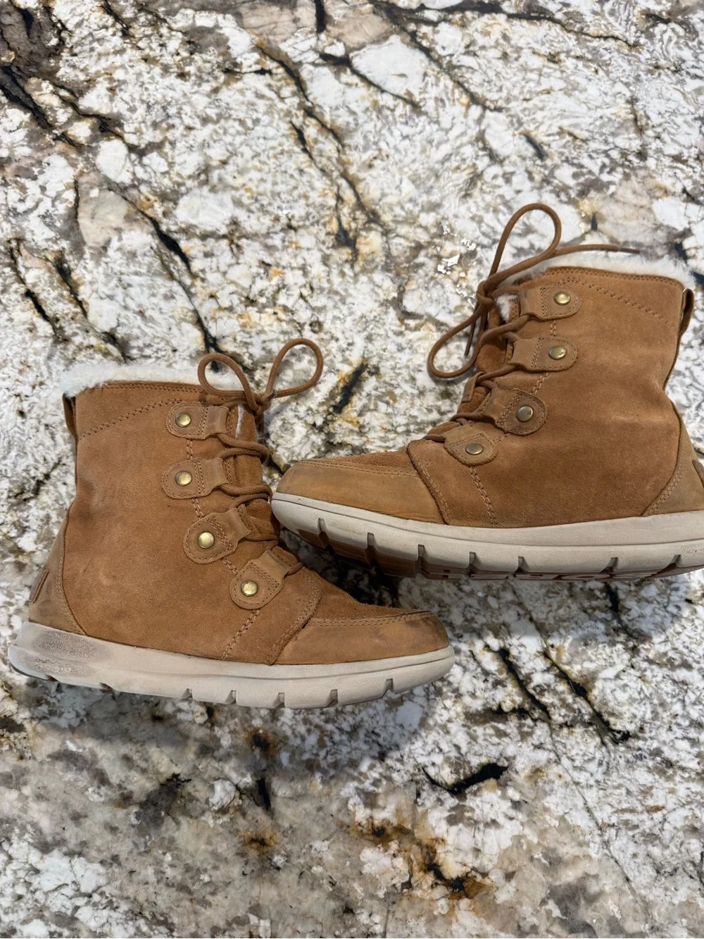 Sorel Women’s Explorer Joan Waterproof Winter Boot in Camel Brown Size 9
